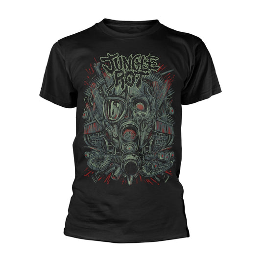 Black t-shirt with a detailed illustration of a gas mask and lettering.