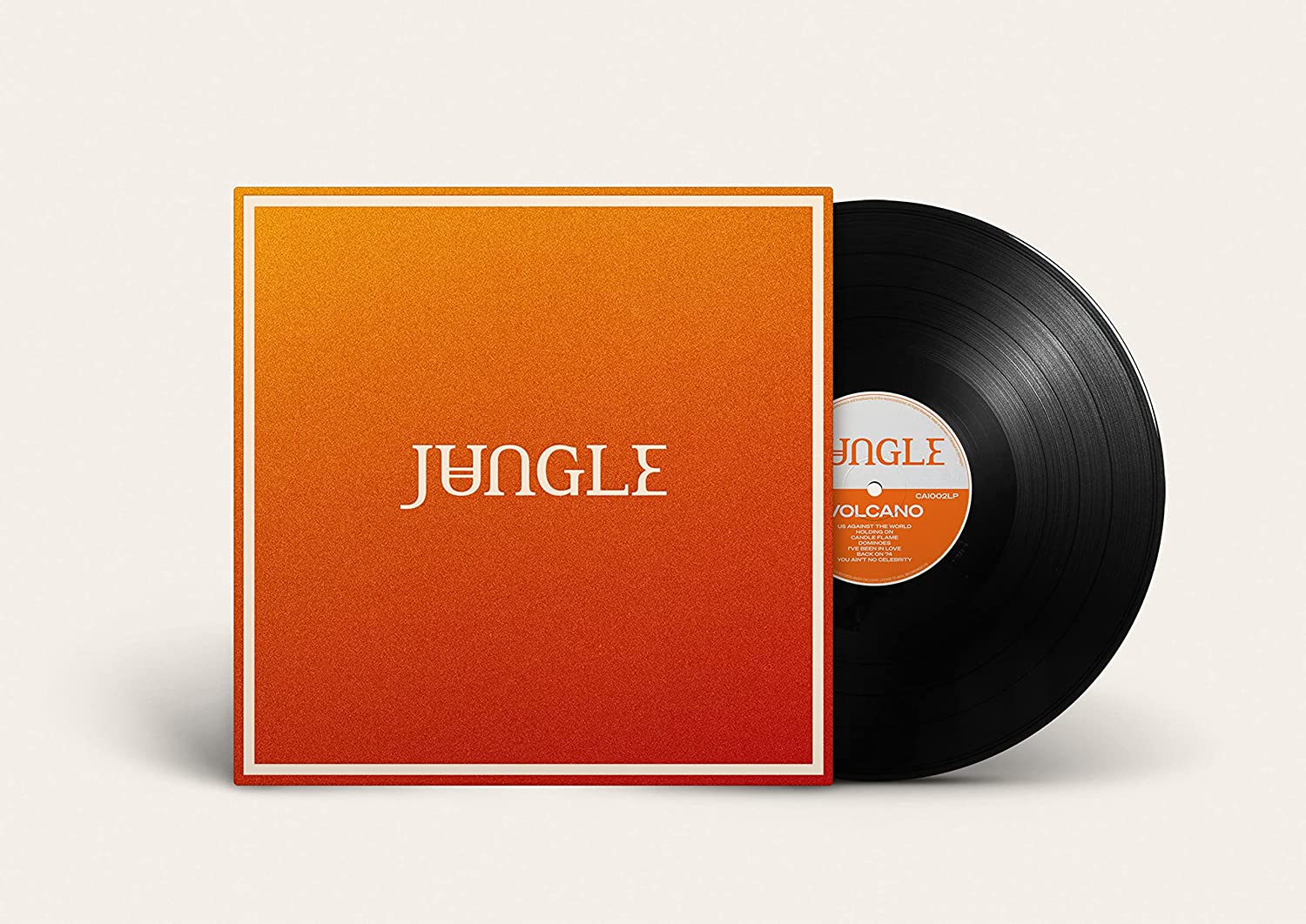 Jungle Volcano vinyl record album cover with a gradient orange square and black disc.
