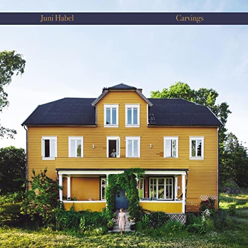 Yellow wooden house with dark roof, person standing in front.