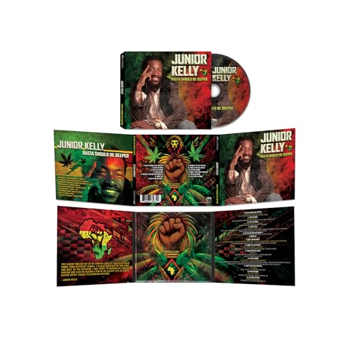 Junior Kelly's "Rasta Should Be Deeper" CD case and disc, red, green, and gold.