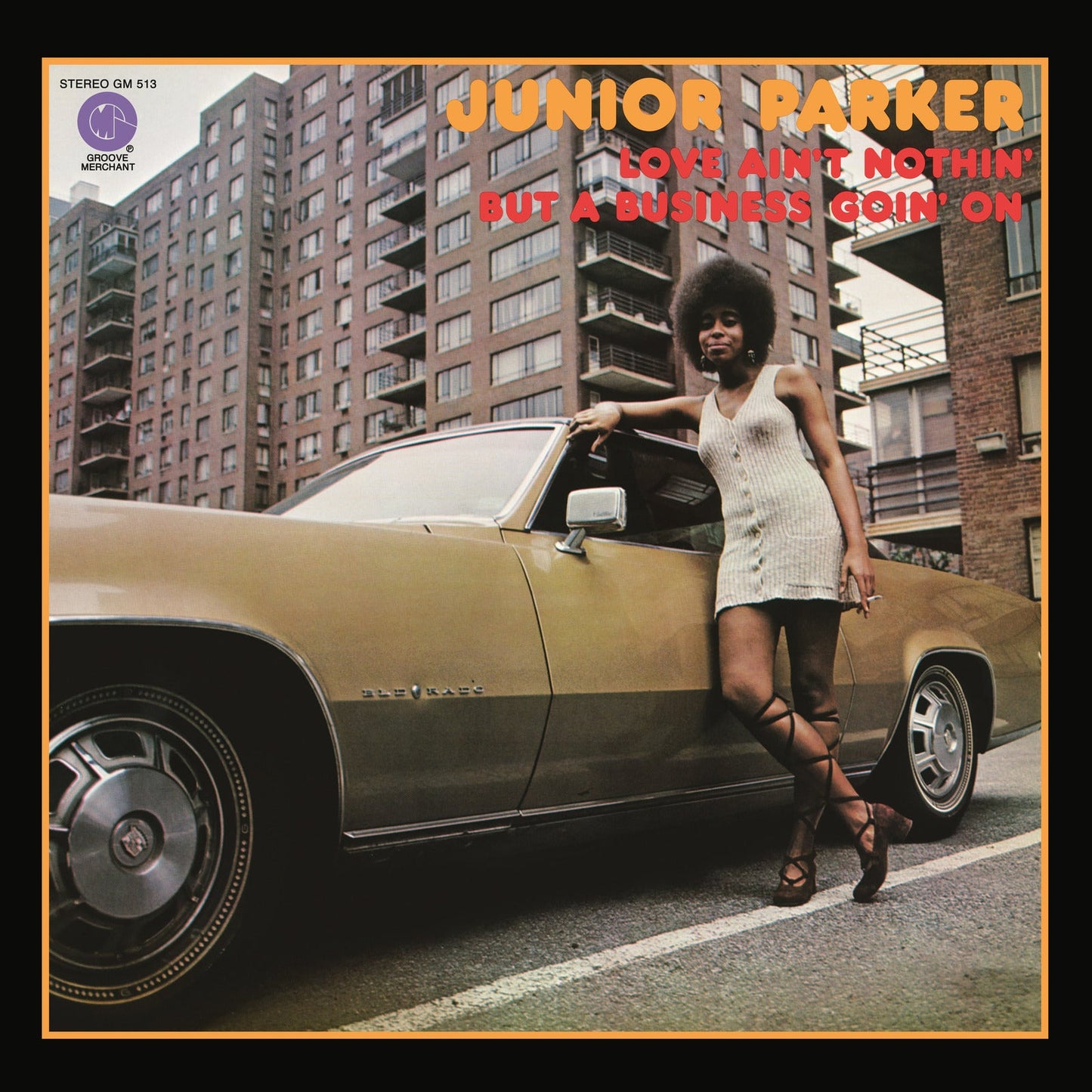 Album cover: Junior Parker leaning on a gold car in front of buildings.