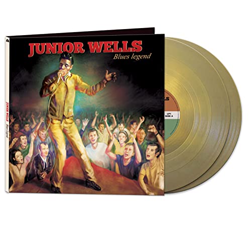 Junior Wells Blues Legend vinyl record album cover and two gold-colored vinyl discs.