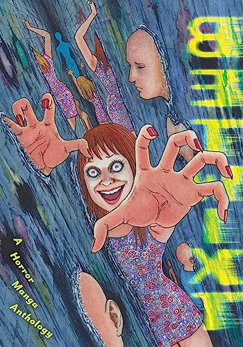 Horror manga cover with distorted figures, large hands, and unsettling faces.