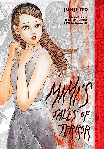 A nervous young woman in a grey dress stands before a ghostly, monstrous background.