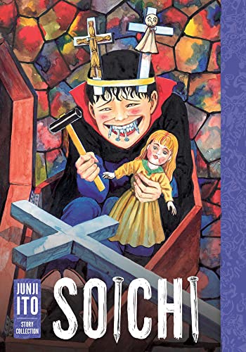 A grinning boy with nails in his mouth holds a hammer and doll in coffin.