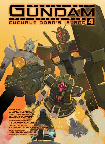 Manga cover featuring three mechanical Gundam robots against a yellow and orange background.