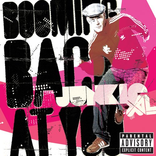 Album cover: man in hat and tracksuit, bold text, pink background.