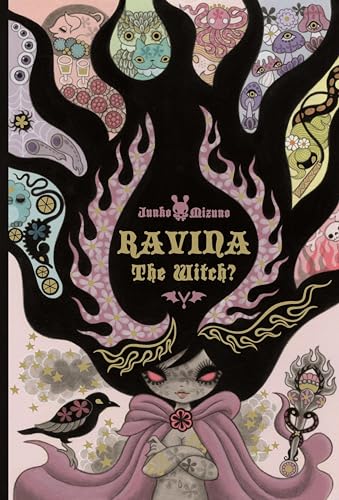Illustration of a pale girl with dark hair and a pink cape, surrounded by fantastical imagery.