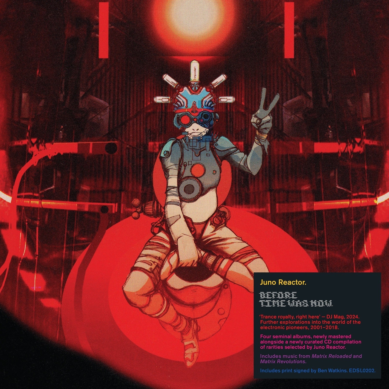 A stylized figure in a futuristic helmet sits against a dark red background.