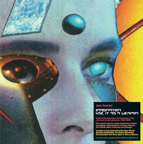 Surreal close-up of a blue face with a glowing eye and text box overlay.