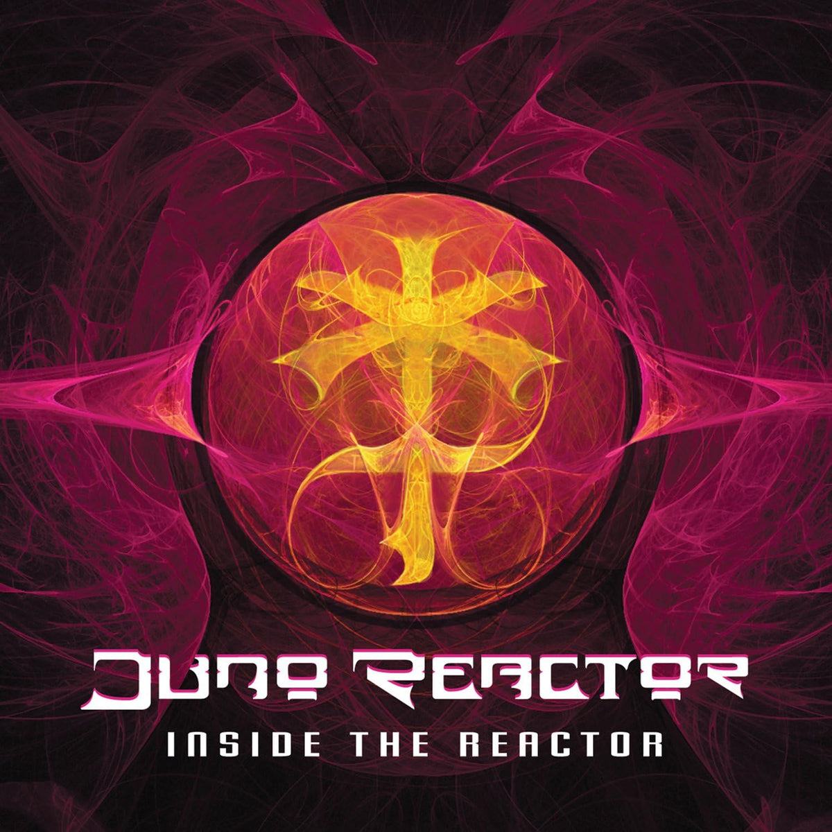 CD cover for Juno Reactor’s “Inside The Reactor” with abstract, fiery design.