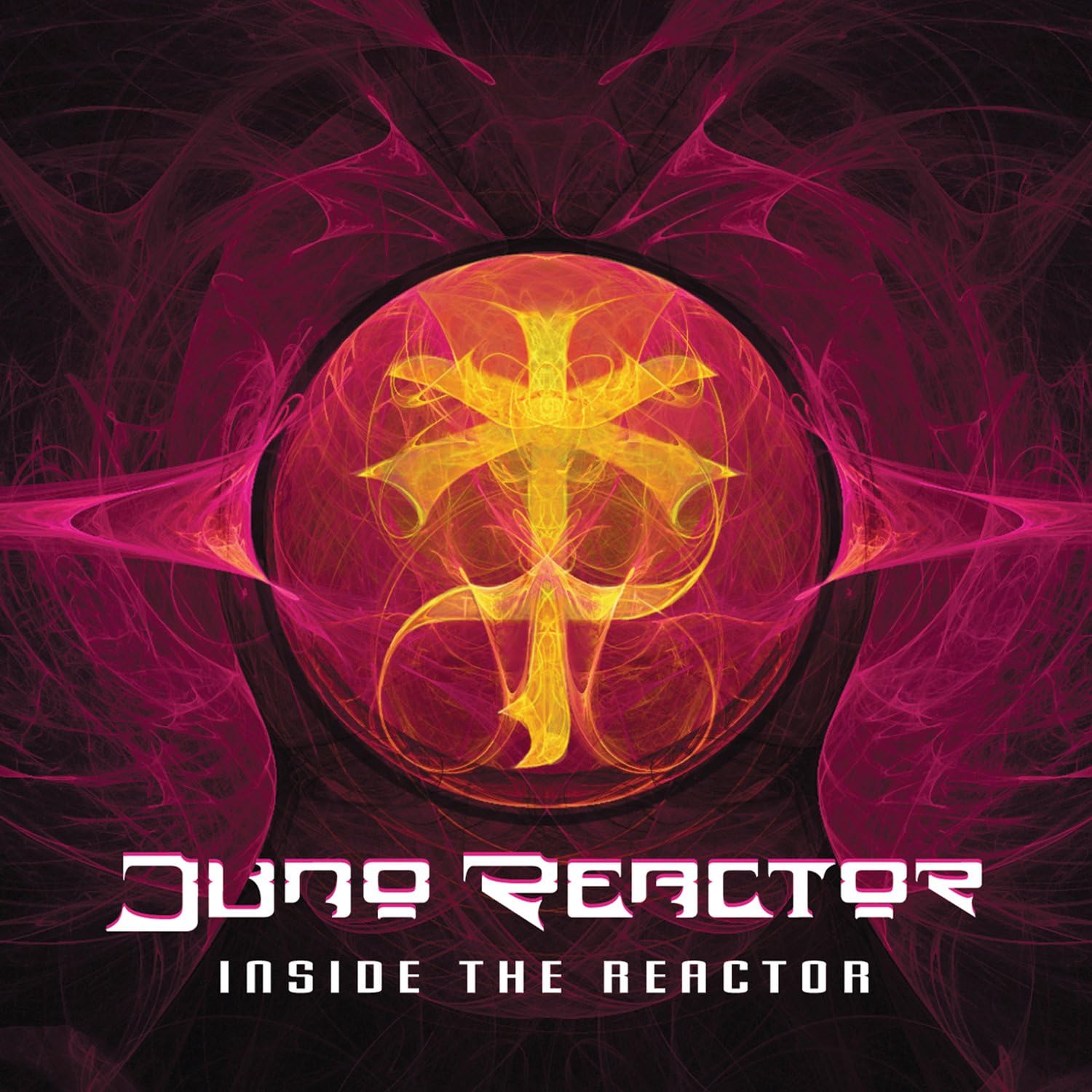 CD cover for Juno Reactor’s “Inside The Reactor” with abstract, fiery design.