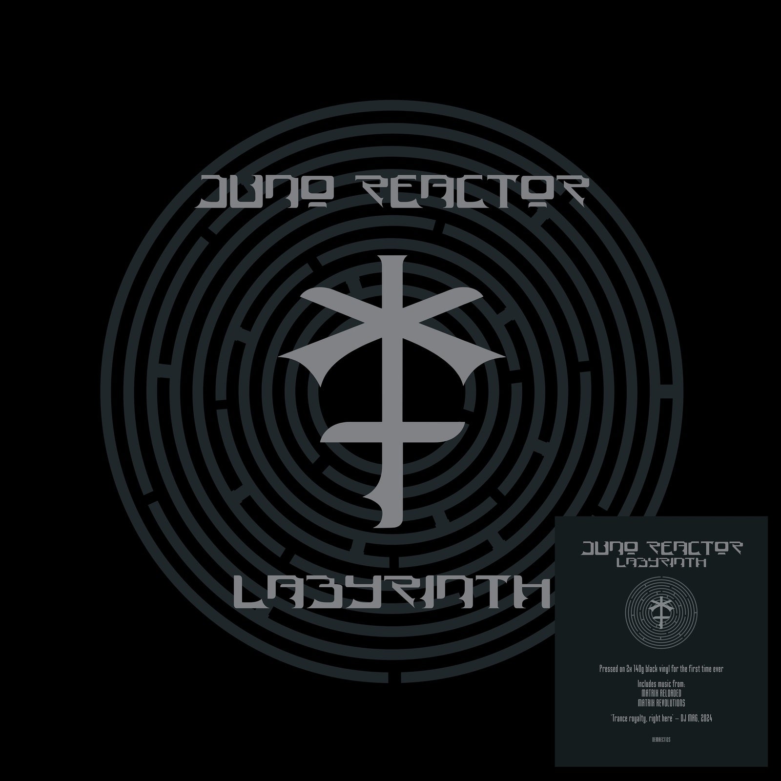 Black vinyl record cover with concentric circles and a central, stylized symbol.