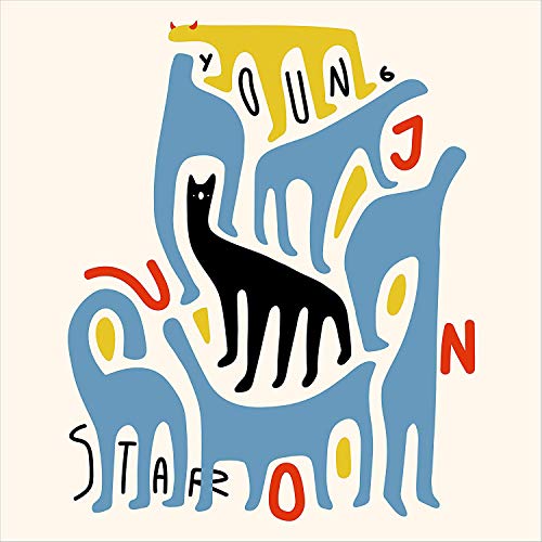 Album cover with abstract blue shapes, a black cat, and stylized text on a beige background.