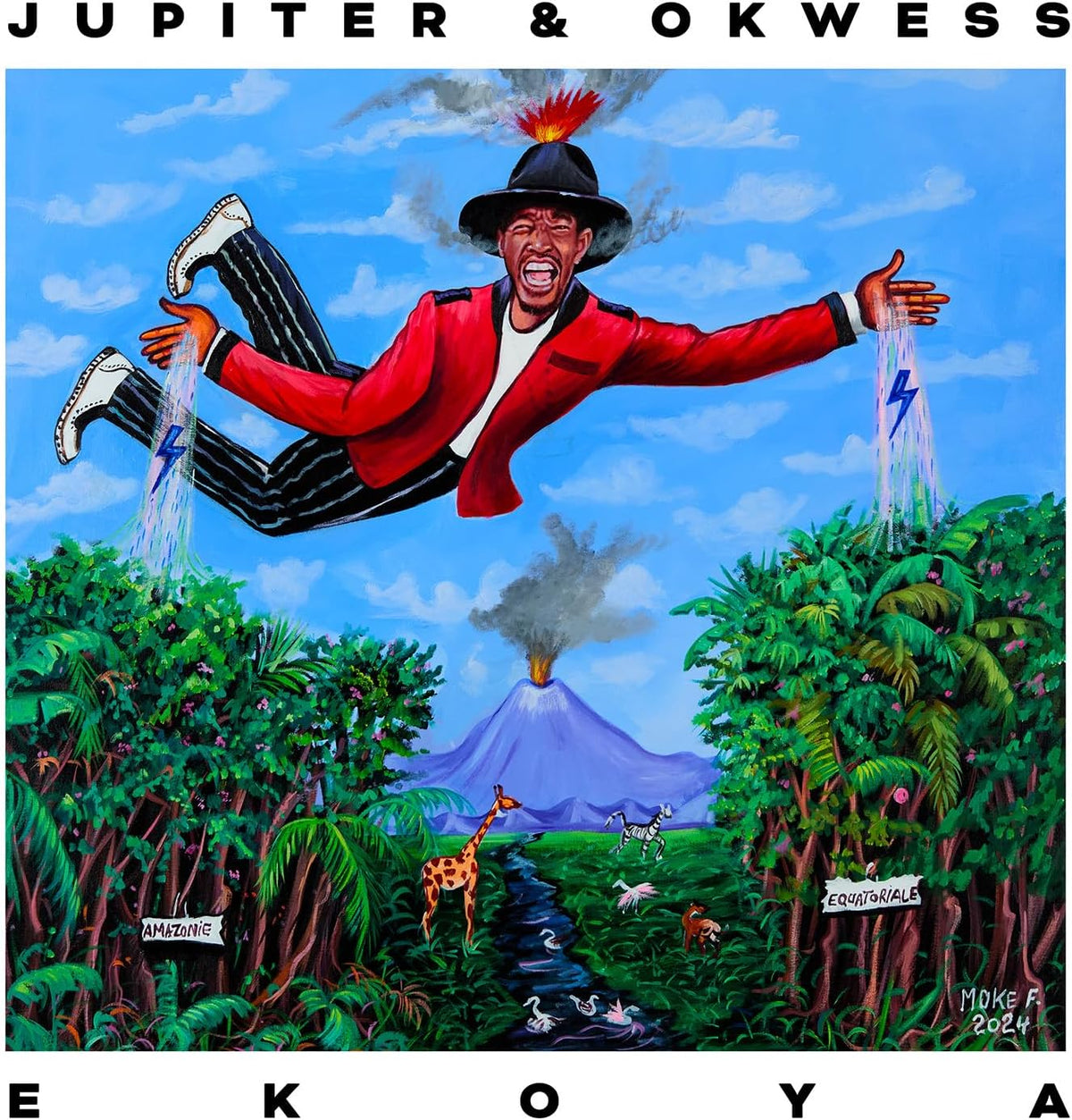 Painted album cover featuring a man in a red suit flying over a jungle.