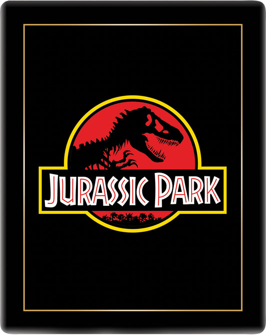 Jurassic Park logo on a black steelbook case with gold trim.