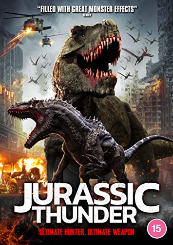DVD cover featuring a roaring T-Rex and smaller dinosaur amidst destruction.