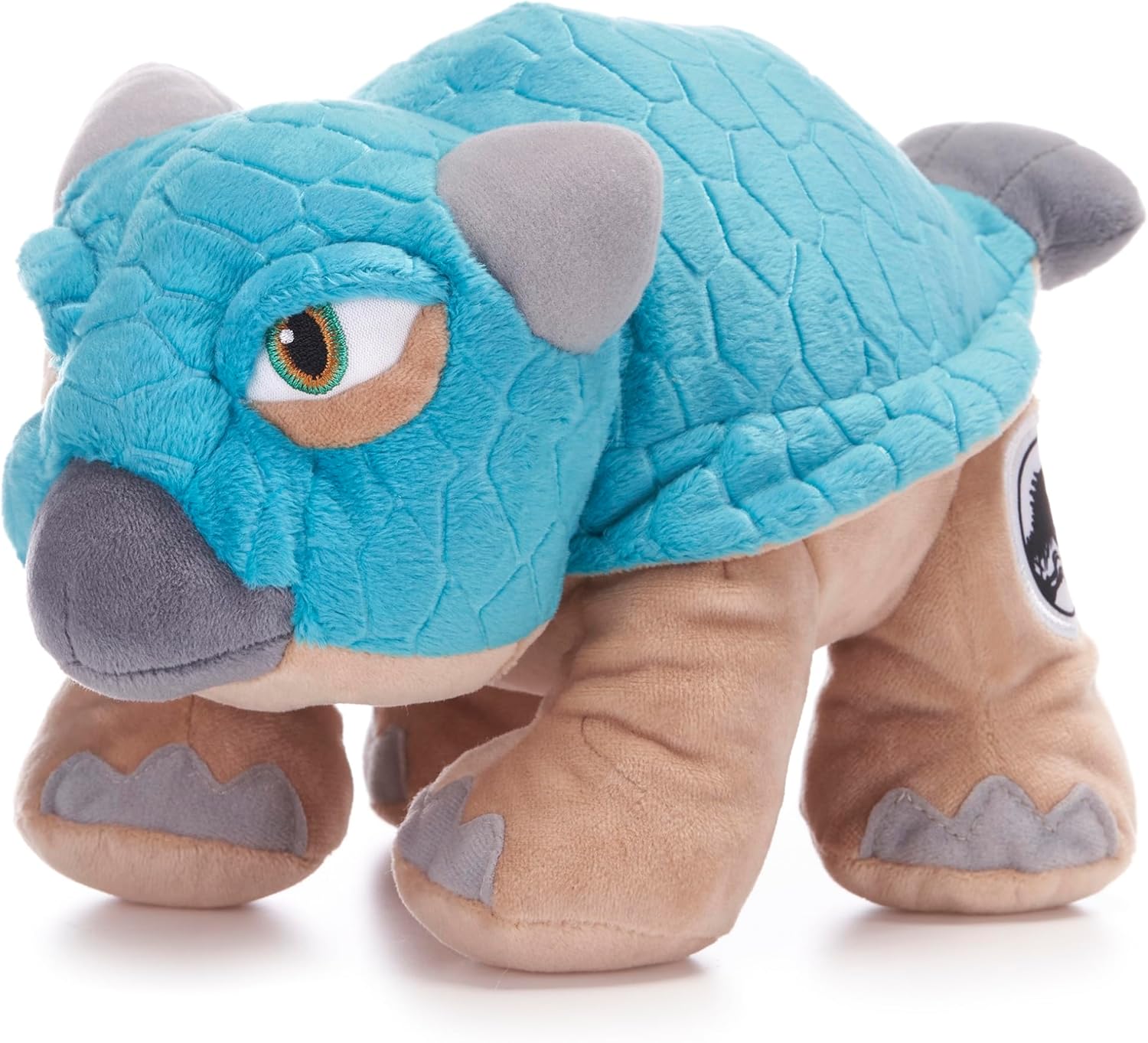 Blue and tan plush Ankylosaurus dinosaur toy with a textured shell and grey accents.