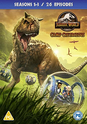 Jurassic World Camp Cretaceous Season 1 DVD cover with a dinosaur and vehicles.