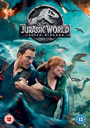 DVD cover for Jurassic World: Fallen Kingdom featuring two actors with dinosaurs and fire.