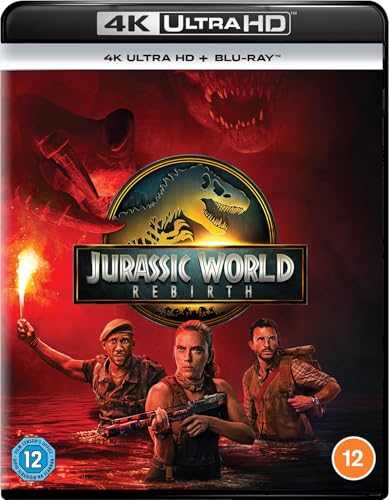Jurassic World: Rebirth 4K UHD & Blu-ray cover with dinosaur and people.