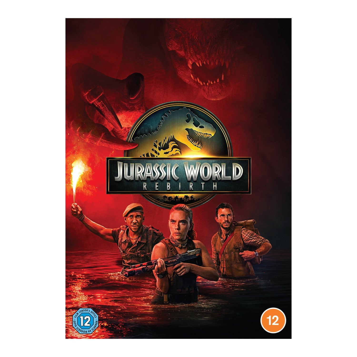 DVD cover for Jurassic World: Rebirth featuring three people in water before a dinosaur.