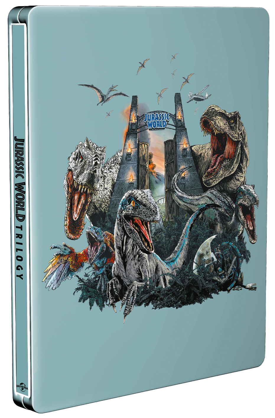 Steelbook case featuring dinosaurs from the Jurassic World trilogy.