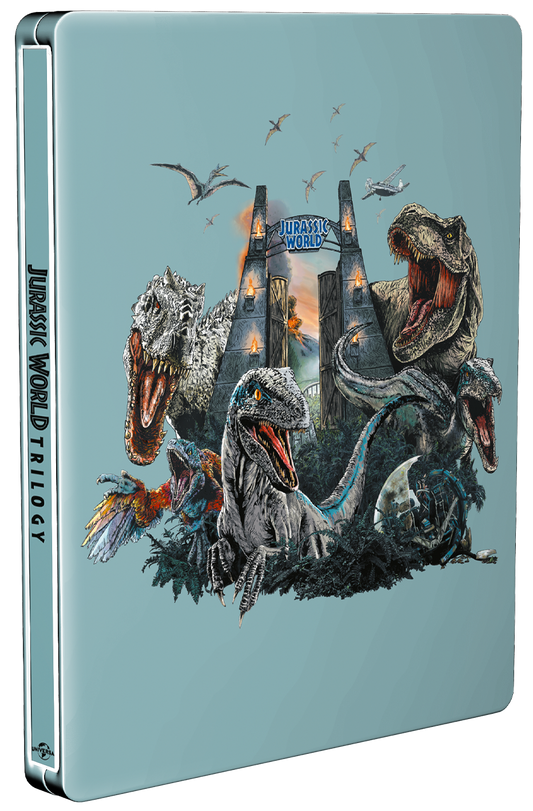 Steelbook case featuring dinosaurs from the Jurassic World trilogy.
