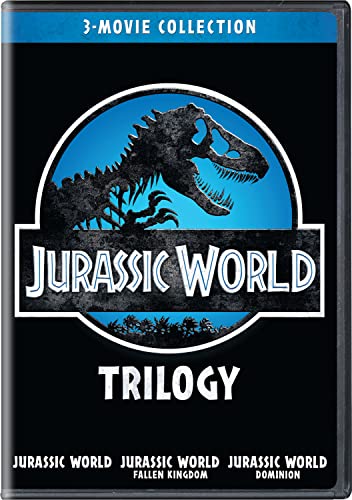 Jurassic World Trilogy DVD cover with dinosaur skeleton and blue logo.