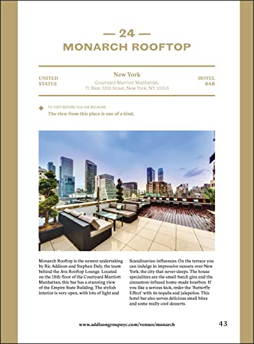 Rooftop bar with modern furniture, city skyline, and a minimalist design.