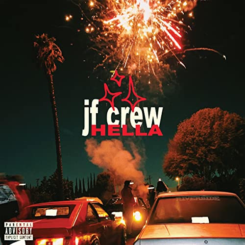 Fireworks explode above a street scene with cars, palm trees, and the text jf crew.