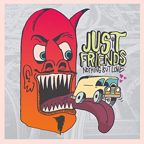 "Vinyl album cover featuring a cartoon devil and a car, with 'Just Friends' title."