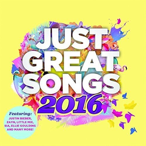 CD cover for “Just Great Songs 2016” with colorful paint splatters and butterflies.