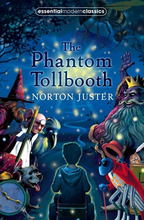 Book cover for "The Phantom Tollbooth" with fantastical characters.
