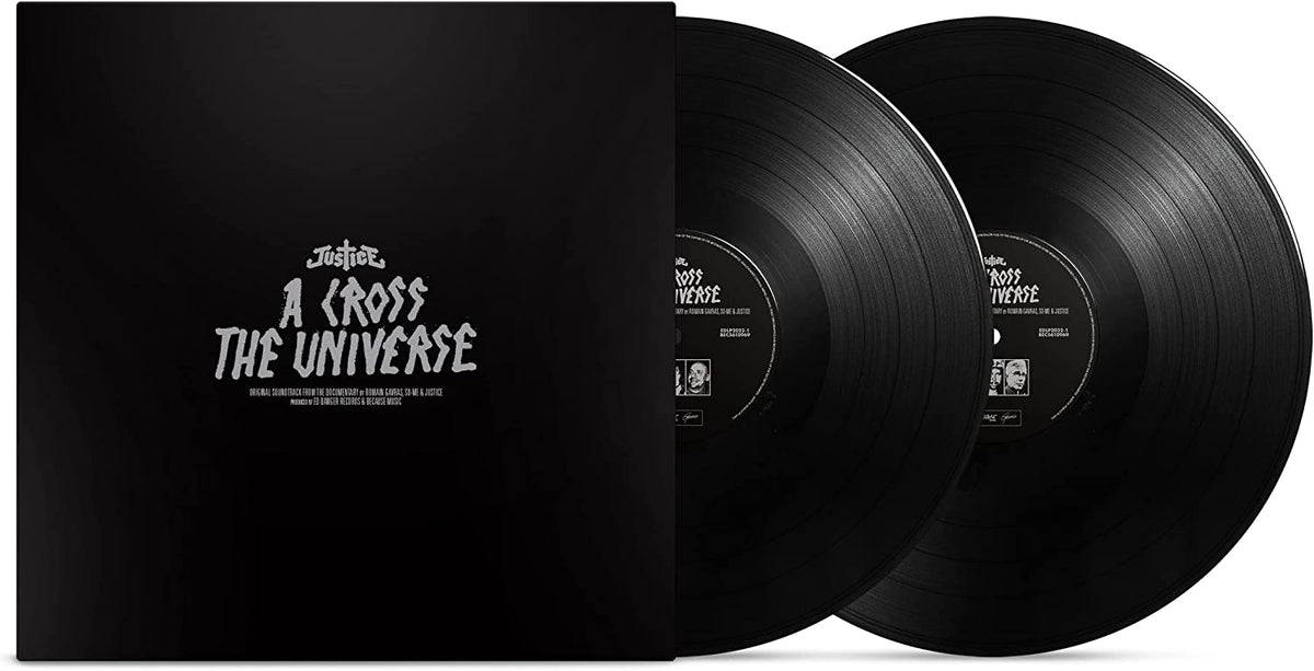 Two black vinyl LPs with white text on black sleeves.