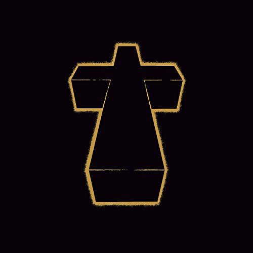 Black background with a gold, geometric cross-shaped design.