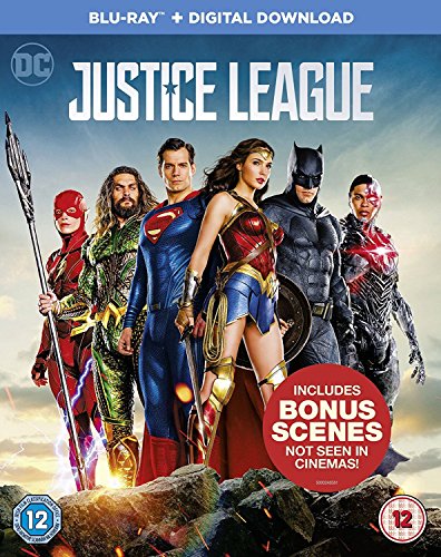 "Justice League Blu-ray cover featuring DC superheroes in action poses against a grey background."