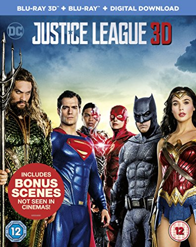 "Justice League 3D Blu-ray cover featuring the main superheroes in their costumes."