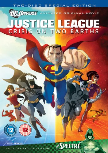 DVD cover for “Justice League: Crisis On Two Earths” featuring superheroes.