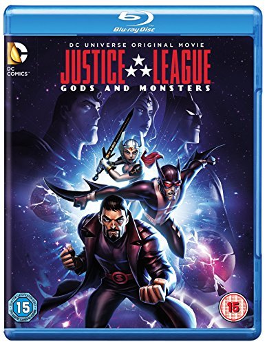 Justice League: Gods and Monsters Blu-ray cover featuring stylized superhero characters against space background.