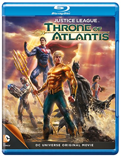 Blu-ray cover featuring Aquaman, Superman, Batman, Wonder Woman, and Cyborg standing on a beach.
