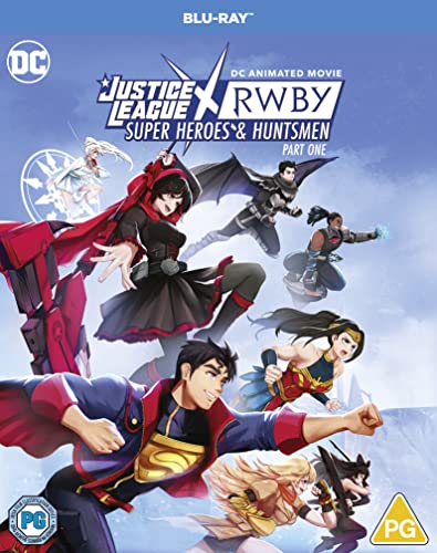 Blu-ray cover featuring characters from Justice League and RWBY in action.