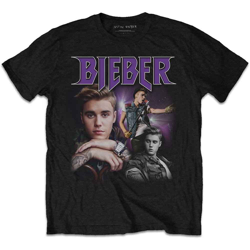 Black t-shirt with a graphic of Justin Bieber in multiple poses.