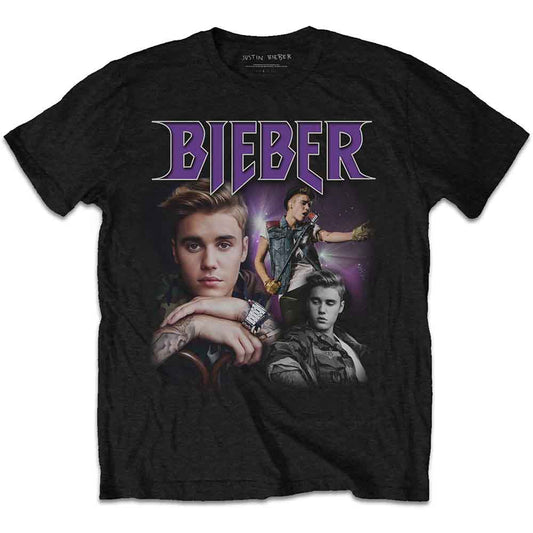 Black t-shirt with a graphic of Justin Bieber in multiple poses.