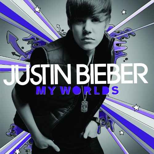 Justin Bieber album cover, "My Worlds," featuring a young Bieber in a leather jacket.