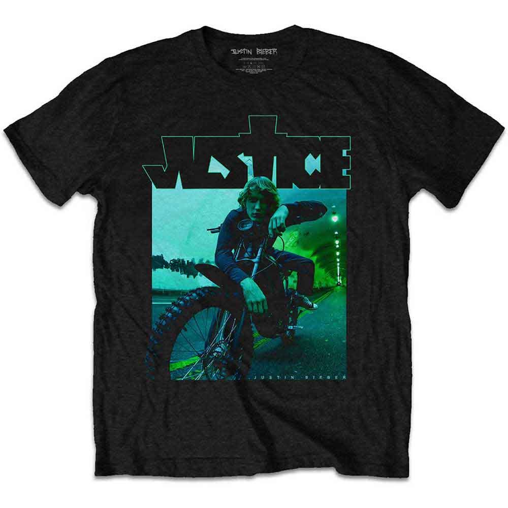 Black t-shirt with a graphic of Justin Bieber riding a dirt bike, size XX-Large.
