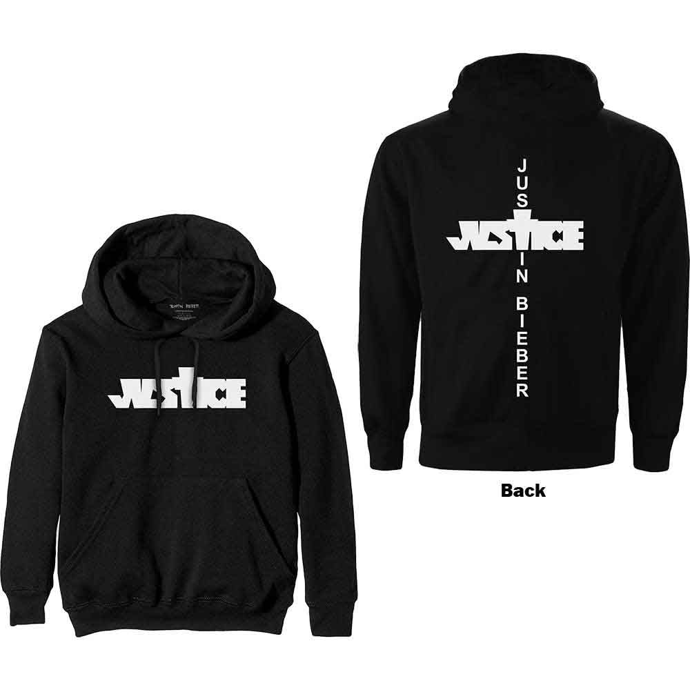 Black unisex pullover hoodie featuring a Justice graphic print on the back.