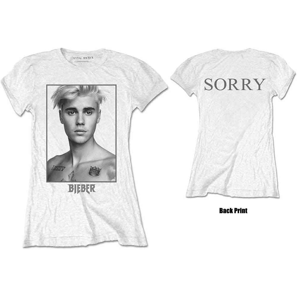 White t-shirt with a black and white portrait of Justin Bieber.