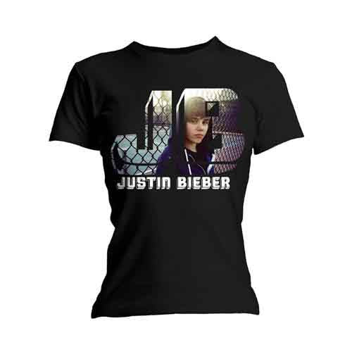 Black women’s t-shirt with a photo of Justin Bieber on the front.