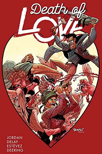 Comic book cover showing characters fighting inside a heart shape on a red background.